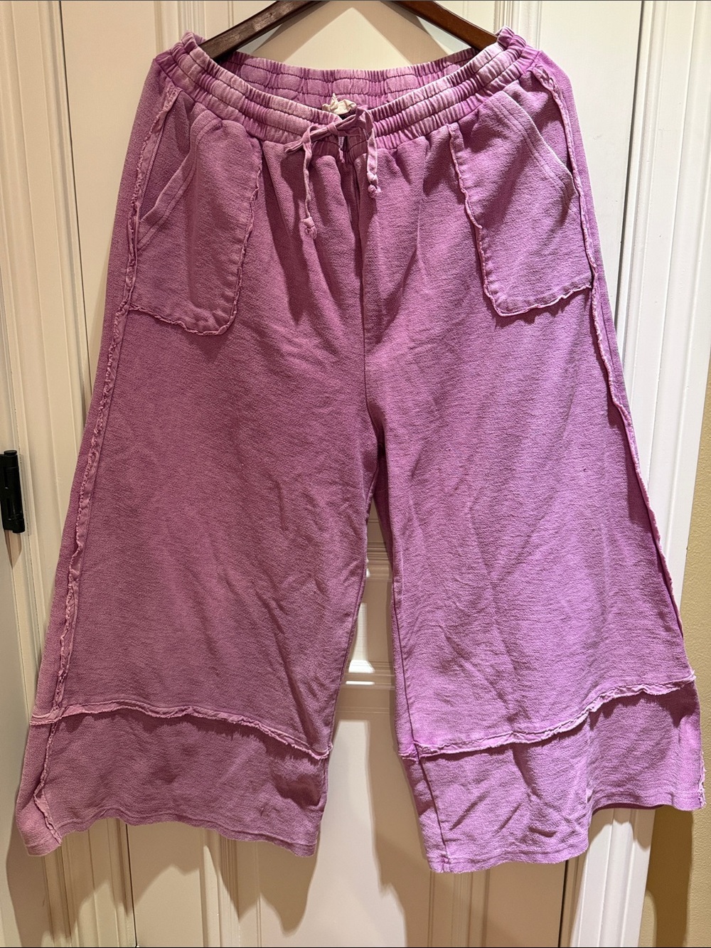 Easel Mineral Washed Terry Palazzo Pants w/ Drawstring Waist-Pink-Sz 1X